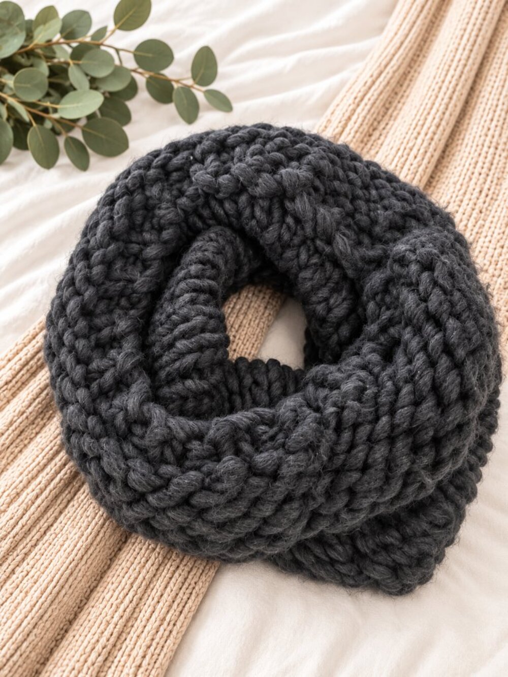 Chunky Knit Neck Wrap Scarf Charcoal Black Slip On Cozy Winter